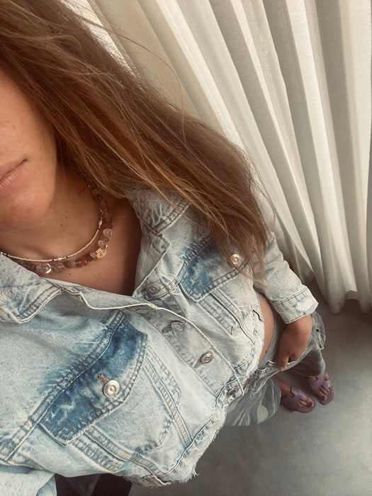 Brown natural stone necklace | Golden charm